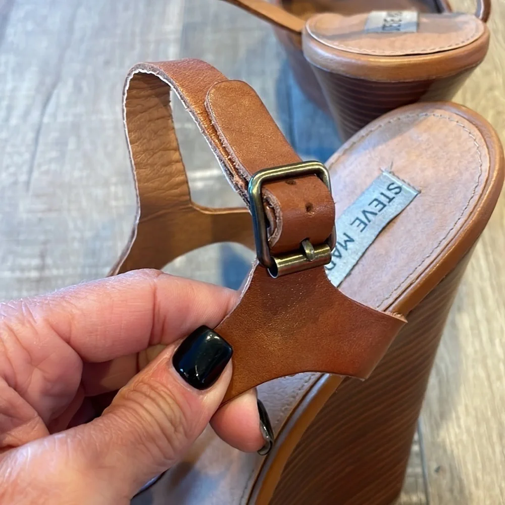 Steve Madden brown leather T strap open toe wood platform sandals size 10